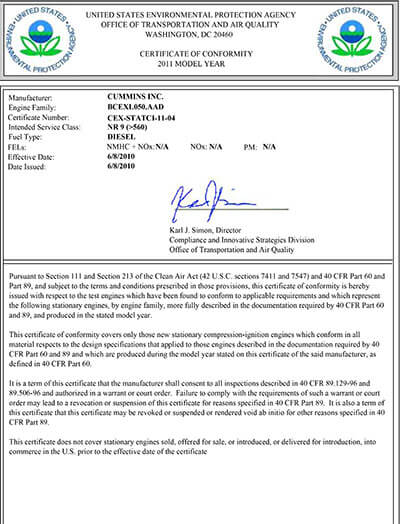 EPA Emission Standard Certificate
